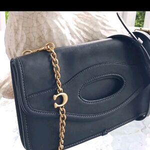 Black Leather Shoulder Bag with Gold Chain